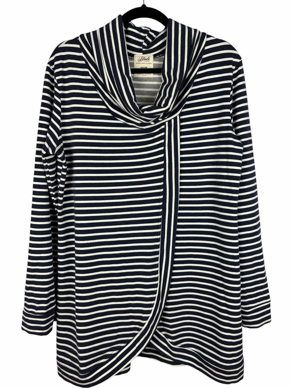 Blondie Apparel Navy White Stripe Bamboo Wrap Tunic Top Cowl Neck Made in Canada